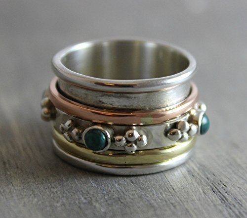 Sterling Silver (925) mixed metal Turquoise Brass Copper Bohemian Spinning Fidget Ring size 10 - Thumbnail 2