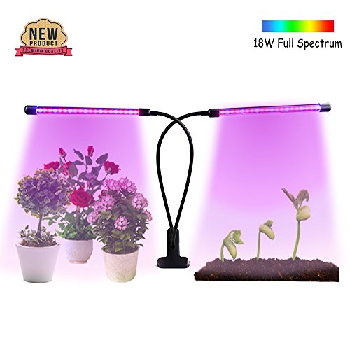Grow Light, 18W Dual Head Timing Plant Grow Lamp for Indoor Plants | (2018 UPGRADED) 36 LED Full Spectrum Led Grow Lights Adjustable Gooseneck, 3/6/12H Timer, 8 Dimmable Levels | USB Adapter Included