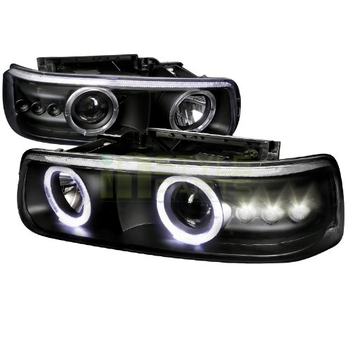 Spec-D Tuning LHP-SIV99JM-WJ Chevy Silverado 00-06 Tahoe Suburban Black Halo Led Projector Headlights