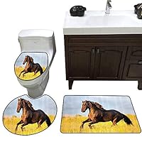 Sillgt 3 Piece Extended Bath mat Set,Animal Decor Friesian Horse with Mane Gallops in Meadow Equestrian Mystery Vitality Horse Theme,Home Collection 3 Piece,Yellow Brown Blue