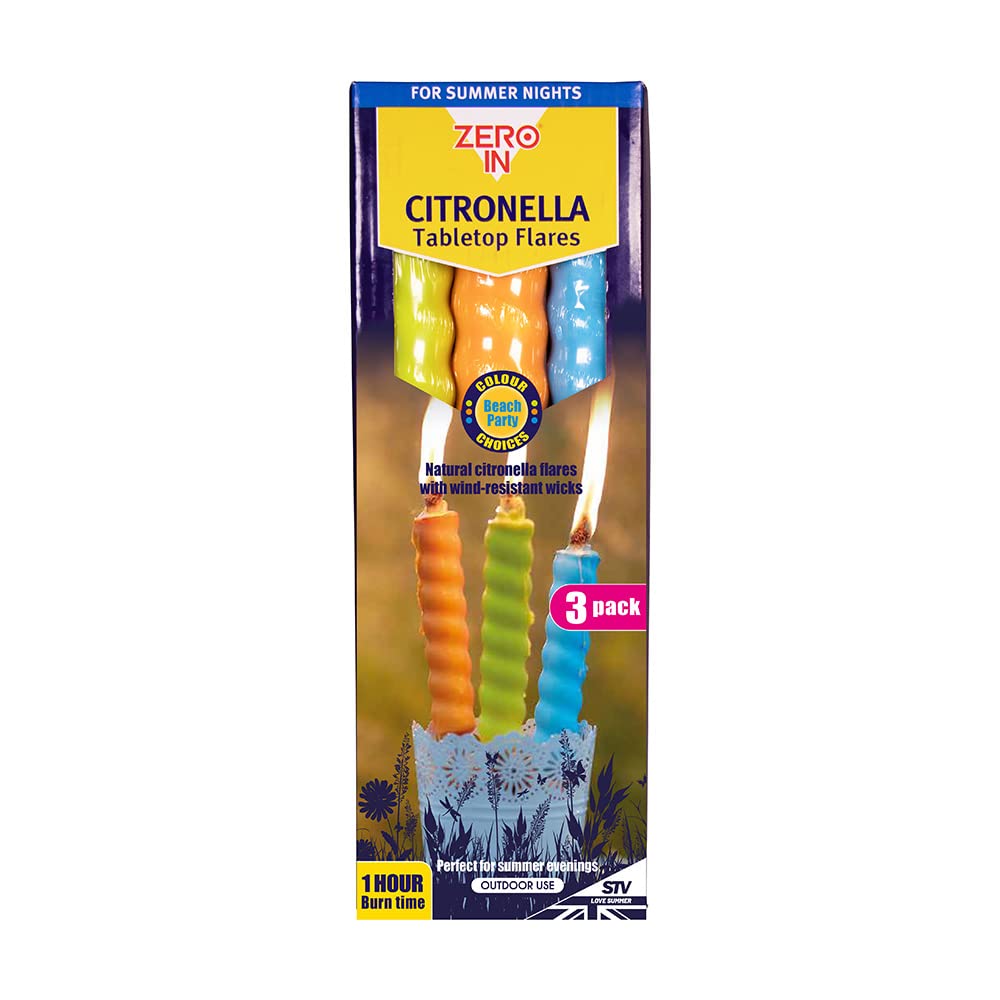 Zero In Citronella Table Top Flares - Beach Party - 3-Pack, Scented, Colourful, Natural, Repels Mosquitoes, For Gardens and Patio Areas