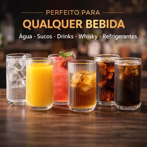 Kit 6 Copos de Vidro Canelado Transparente 430ml Design Moderno Elegante Ideal para Água Suco Drinks Whisky Refrigerante Mesa Posta Cozinha Bar Restaurante Jogo com 6 Copos Para Ambientes Elegantes