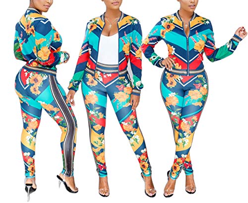 Women's Floral Print 2 Piece Set Open Front Zipper Jacket and Skinny Long Pants Plus Size Tracksuit