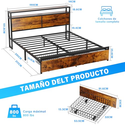 WELIKERA Marco de Cama con 2 Cajones, Base Cama King Cabecera con Luces Led, Base de Cama con Cabecera Estación de Carga USB y Espacio de Almacenamiento, Cama King Marco de Cama Fácil Montaje
