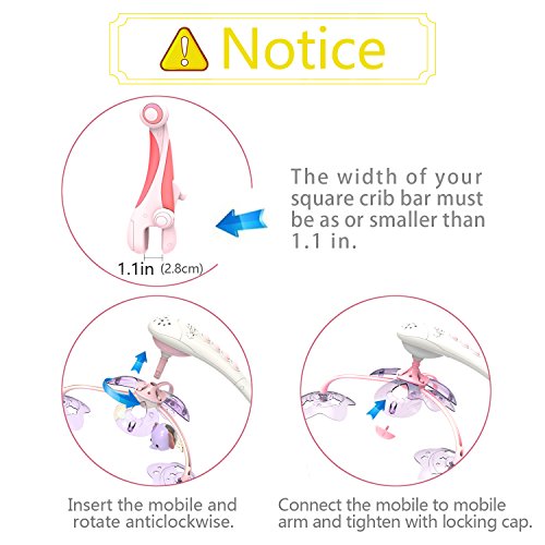 GrowthPic Musical Baby Crib Mobile with Star Projector Nursery Function, Foldable Arm, Hanging Rotating Safe Infant Playing Teether and Loudspeaker with 30 Melodies,Pink