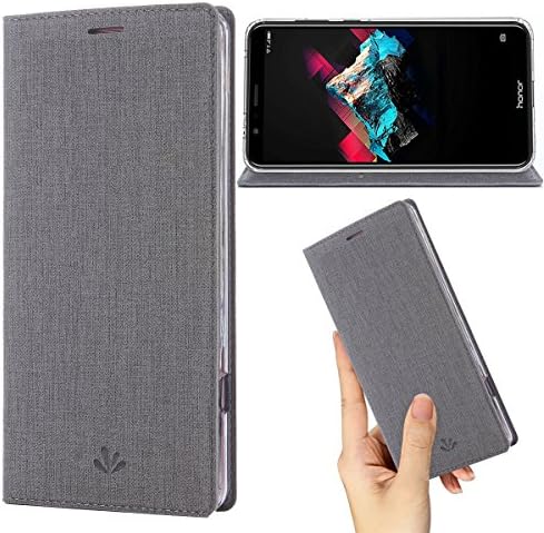 Honor 7X Case,Premium Flip Leather Wallet Case Stand Kickstand Card Slot Magnetic Closure Full Body Protective Cover Clear TPU Bumper Thin Case for Huawei Honor 7X (Gray)
