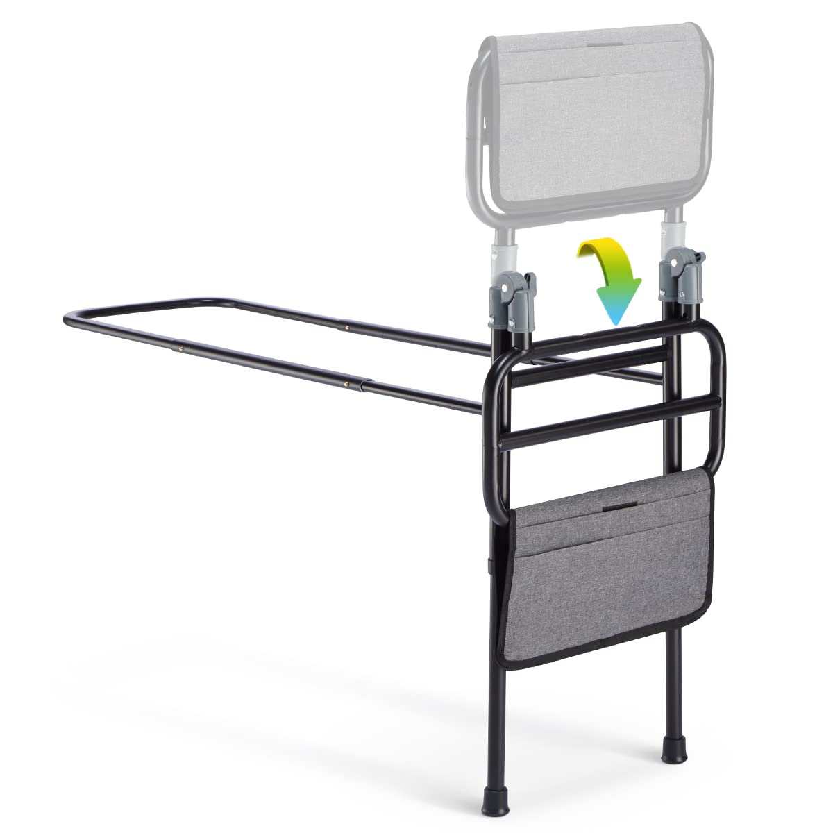 OasisSpace Foldable Bed Rail for Elderly Adults- Height Adjustable Bed Support Bar with Storage Pocket, Medical Bed Safety & Assisting Rails for Getting in & Out of Bed with Floor Support