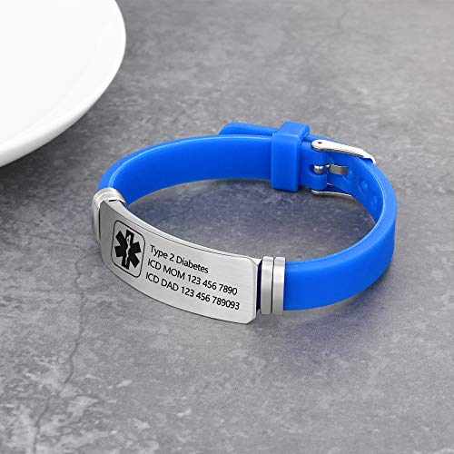 Free Engraving 9 Inches Silicone Adjustable Medical Bracelets Emergency ID Bracelets For Men Women Kids Stainless Steel Rubber Alert Bracelets (Blue) - Thumbnail 4