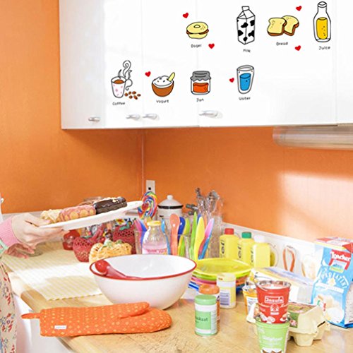 BIBITIME Kitchen Wall Art Decals Coffee Yogurt Jam Water Milk Bread Juice Vinyl Sticker for Glass Window Tile Fridge Locker Cabinet Small PVC Decorations