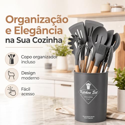 Kit Utensílios Cozinha Silicone 12 Peças com Suporte – Cabo Madeira Premium, Não Risca, Resistente ao Calor