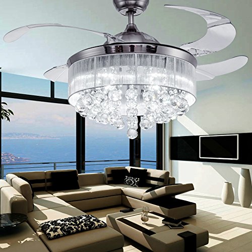 COLORLED Crystal Silver Drawing Retractable Ceiling Fan for Living Room Bedroom Restaurant Three Color Changing 42-Inch Fan Chandelier Lighting