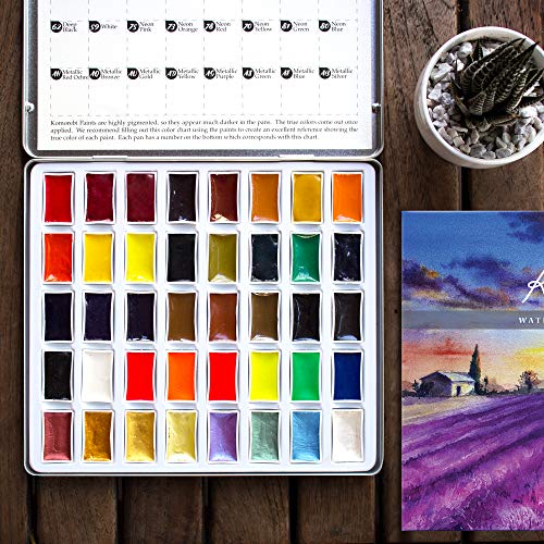 Komorebi Japanese Watercolor Paint Set - 40 Colors - Including Metallic and Neon - Artist Quality - Richly Pigmented- Perfect for Artists, Students or Hobbyists - MozArt Supplies