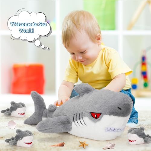 Wabfuya 4PCS Cute Shark Plush Toys Pillow, 16'' Shark Mommy with