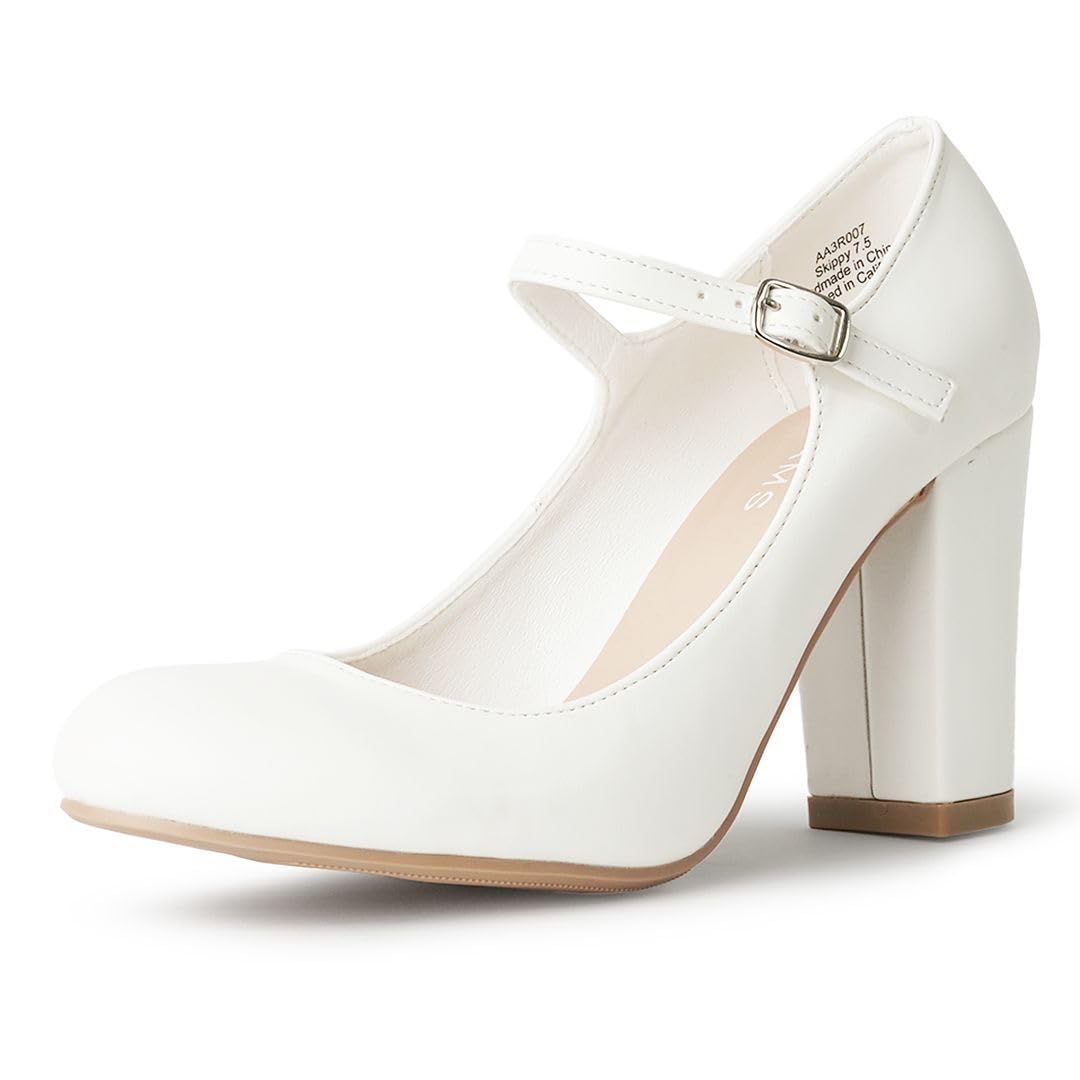 Photo 1 of J. Adams Skippy Mary Jane Shoes Women Oxford Pumps - Kitten High Heels - Retro Vintage 1950s Round Toe Shoe with Ankle Strap Dress Shoes - White - 6
