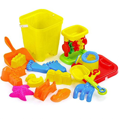 FUN LITTLE TOYS 16 PCs Beach Sand Toys Set Kids Toddlers, Sandbox Toy Mesh Bag, Beach Bucket, Sand W - //coolthings.us