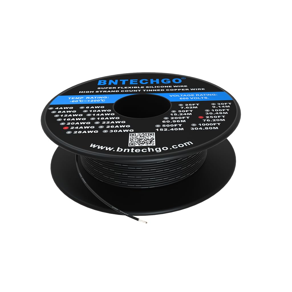 BNTECHGO 24 Gauge Silicone wire spool 250 ft Black Flexible 24 AWG Stranded Tinned Copper Wire