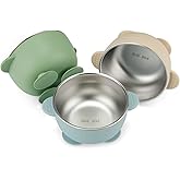 PandaEar 3 Pack Stainless Steel Baby Suction Bowls, Non-Slip Child Food Bowl with Silicone Sleeve for Kids Toddlers Infants, Unbreakable & Mess Free (Blue Green Brown)