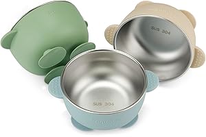 PandaEar 3 Pack Stainless Steel Baby Suction Bowls, Non-Slip Child Food Bowl with Silicone Sleeve for Kids Toddlers Infants, Unbreakable & Mess Free (Blue Green Brown)