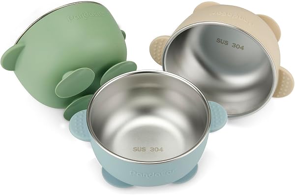 PandaEar 3 Pack Stainless Steel Baby Bowls with Suction, Non-Slip Toddler Bowls with Silicone Sleeve for Kids Infants Childre