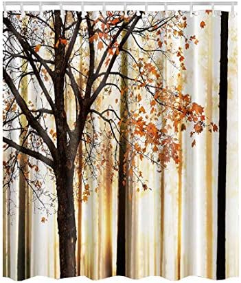 Artown Fall Trees Curtain Set, Unique Stylish Elegant Beige Orange Ivory 3D Digital Printing, Waterproof Polyester Bathroom Decor with 12 Free Hooks, 72 x 72 Inches (6-Fall Trees)