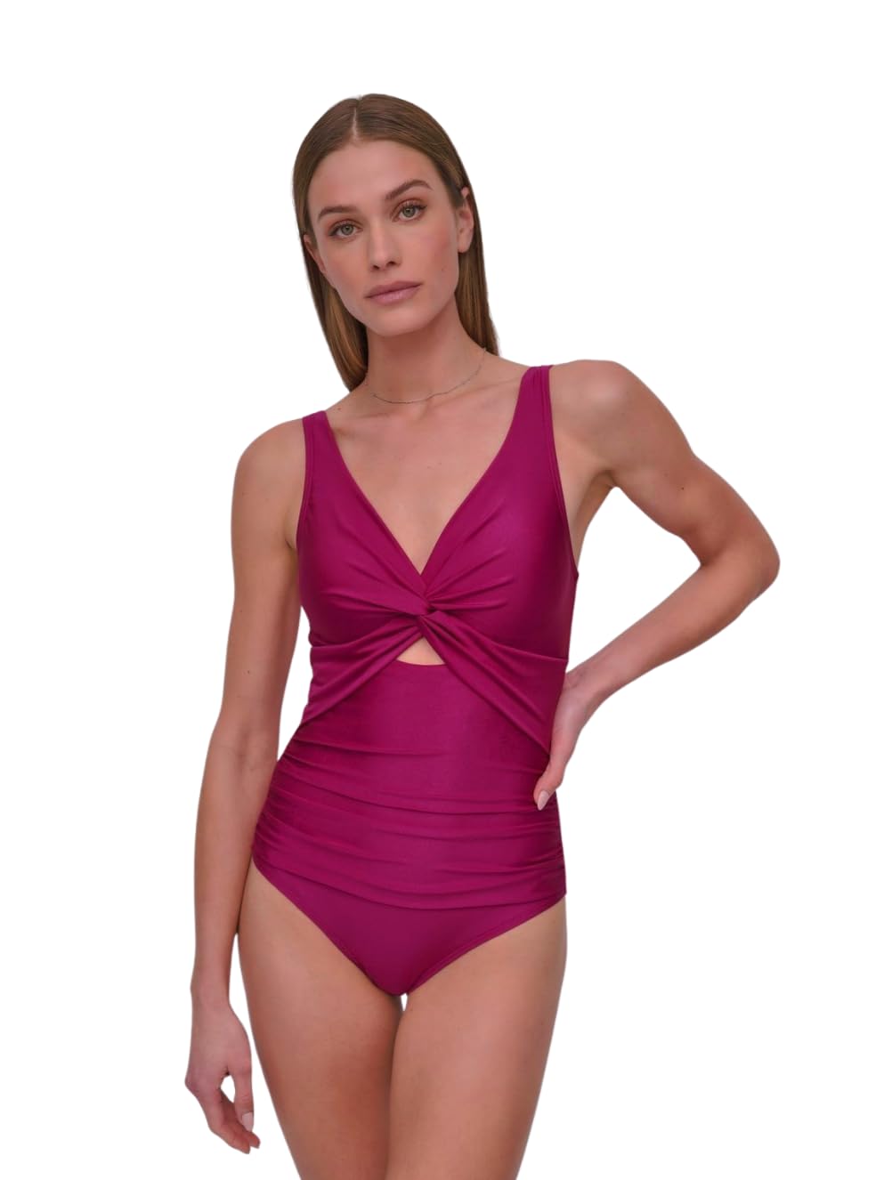 DKNY Women’s Twist Front Keyhole One Piece Swimsuit, Boysenberry Shimmer, X-Small