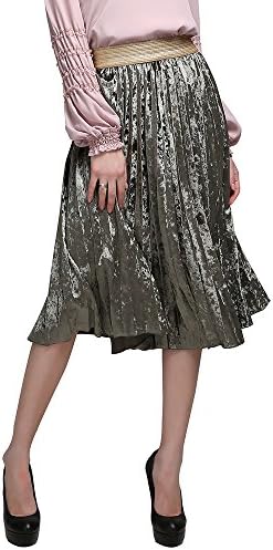 TWOTWINSTYLE Women Retro Metallic Velvet High Waist Pleated A Line Midi Skirts