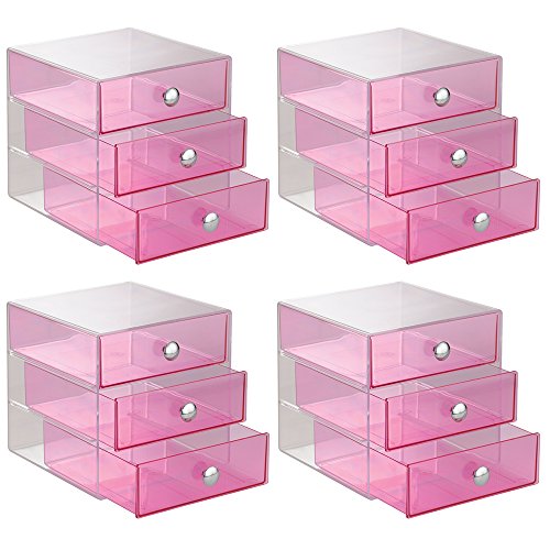 InterDesign 3-Drawer Storage Organizer for Cosmetics, Makeup, Beauty Products or Kitchen/ Office Supplies, Berry, Set of 4