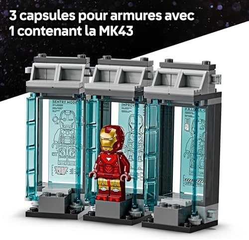 | Marvel Le Laboratoire d’Iron Man : la Salle des Armures - Jeu de Construction avec Robot et 5 Minifigurines dont Aldrich Killian & Robot Dum-E - Cadeau Avengers, Garçon ou Fille dès 8 ans 76315