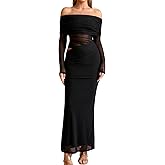 KUTUMAI Women Off Shoulder Long Sleeve Maxi Dress Cutout Mesh Ruched Bodycon Formal Wedding Guest Dresses