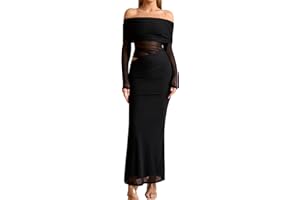 KUTUMAI Women Off Shoulder Long Sleeve Maxi Dress Cutout Mesh Ruched Bodycon Formal Wedding Guest Dresses