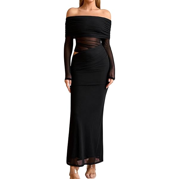 long sleeve mesh asymmetrical draped maxi dress Women's Long-Sleeve Mesh Asymmetrical Draped Maxi Dress in Black | Size XS TALL