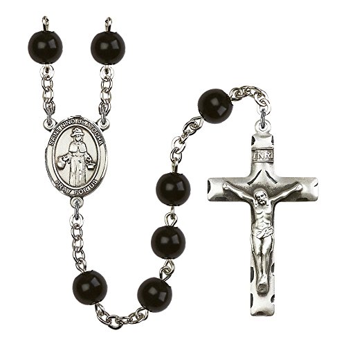 St. Nino de Atocha Silver-Plated Rosary 7mm Black Onyx Beads Crucifix Size 1 3/4 x 1 medal charm