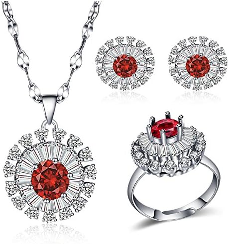 White Gold Plated Jewelry Sets Ruby Cubic Zirconia Wedding Resizable Rings Stud Earrings and Necklaces