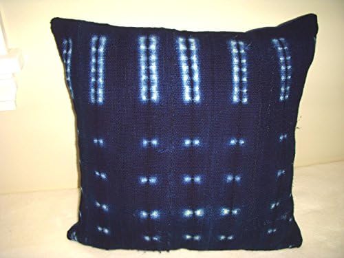 African Mudcloth Pillow Cover Navy Blue Indigo White Squares Dots Rectangles Nubby Fabric Boho Bohemian