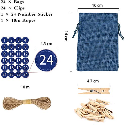 Calendario de Adviento para llenar Bolsa 24,Calendario de Adviento Navidad,Bolsa de Regalo Pequeña,Bolsas Pequeñas Navidad,Bolsitas de Tela Pequeñas, Bolsas de Yute para Rellenar con 1-24 Pegatinas