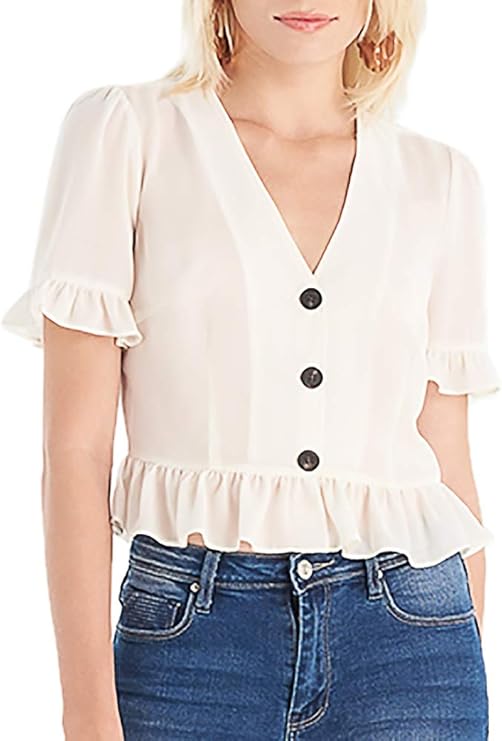 Our Heritage - Women's Chiffon V Neck Half Sleeves Button-Up Peplum Crop Top White at Amazon 