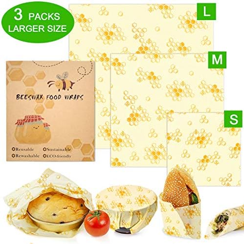 Reusable Beeswax Food Wraps 3 Packs, Eco Friendly Reusable Sandwich Wraps, Organic Sustainable & Plastic Free Food Wrap for Cheese, Fruit, Bread, Snacks etc - Extra Large Set 1 Large, 1 Medium, 1Small