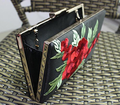 Women's Red Rose Floral Embroidered Satin Evening Clutch Vintage Metal Clasp Formal Purse(Black) - Thumbnail 2