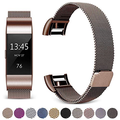 Hotodeal Compatible Fitbit Charge 2 Bands, Band Milanese Loop Stainless Steel Magnet Metal Replacement Bracelet Strap, Wristbands Accessories for Women Men,Coffee