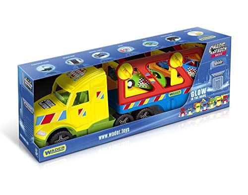 Wader 36360 - Magic Truck Autotransporter mit 2 Fahrzeugen und Abfahrrampen, ab 3 Jahren, ca. 79 cm, ideal als Geschenk für kreatives Spielen – Bild 3