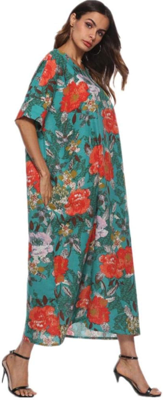 Shobdw Damen Halbe Armel Drucken Plus Grosse Lose Baumwolle Leinen Lang Maxi Kleid Frauen Florales Kleid Rock Amazon De Bekleidung