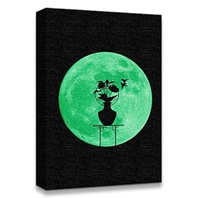 Canvas Wall Art Abstract Green Moon with Pop-up Black Pattern Painting Artwork for Home Prints Framed - 12x18 inches