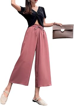 Amazon Co Jp 新しい レディース ワイドパンツ ボトムス 薄い 無地 リボン ガウチョパンツ 七分丈 ハイウエスト カジュアル ゆったり ワイドフレアパンツ キュロット 大きいヤード 夏 クール パンツ Excitily スポーツ アウトドア