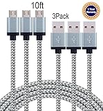 Jricoo Nylon Braided 2.0 Micro USB Charging Cable, 10 Feet, 3 Pack, Gray