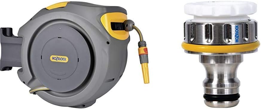 Hozelock Auto Reel with 20 m Hose, Yellow/Grey & Metal Threaded Connector Pro 3/4 inch for Taps