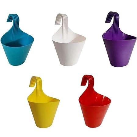GJSHOP Hanging Planters for Plants Railing Flower Pots, Balcony Railing Vertical Hook for Home Gardening, (Multicolour, Set of 5)