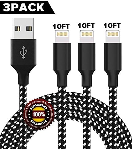 BULESK Lightning Cable 3Pack 10FT Nylon Braided Certified iPhone Cable USB Cord Charging Charger for Apple iPhone X, 8, 7 Plus, 6, 6s, 6+, 5, 5c, 5s, SE, iPad, iPod Nano, iPod Touch (Black White)