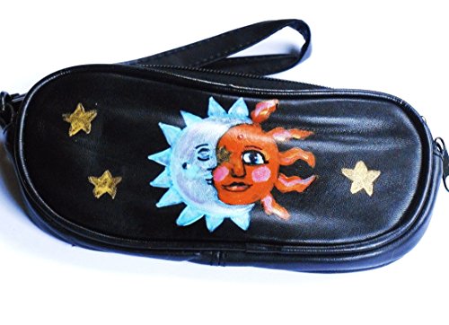 Boho Sun Moon Stars Black Leather Wristlet Eyeglass Sunglass Case Bohemian Accessories for Women