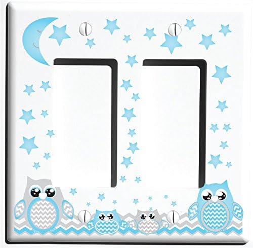 Grey and Blue Double Rocker Owl Light Switch Plate and Owl Outlet Covers/Owl Nursery Decor (Double Rocker Owl)