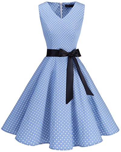 Women's 50s Stylish Vintage V-Neck Retro Rockabilly Swing Cocktail Party Dress Blue Small White Dot S